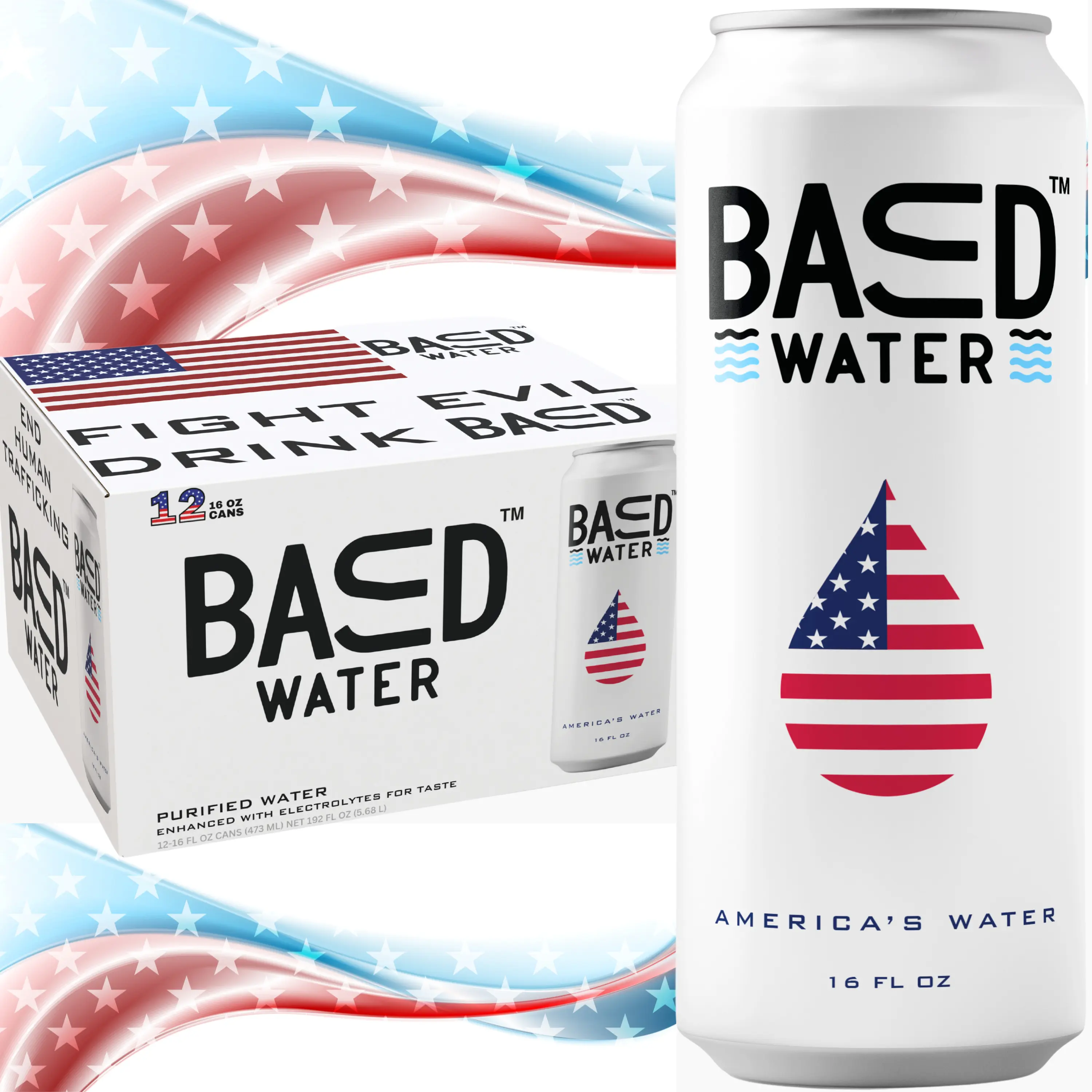 BASED WATER Ultra Purified Canned Water with Electrolytes, 12-Pack Premium Still Water Naturally Alkaline Water, pH Balanced, Fluoride-Free, BPA-Free, Drinking Water - 16oz Aluminum Cans – Fight Against Human Trafficking - America's Water Beverage