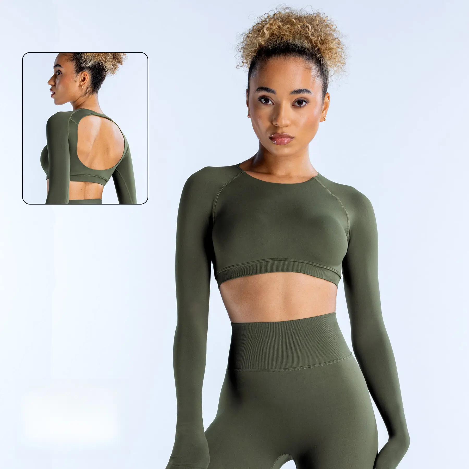 DFYNE Backless Long Sleeve Yoga Crop Top - Seamless Open Back Athletic Gym Top Bodycon Workout Shirt