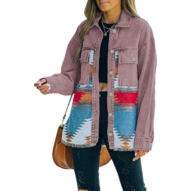 Women'S Vintage Western Jeans Jacket - Long Sleeve Button-front coat with, Non-Symmetric Patchwork design in Blue/Red/Beige/Black/White/Gray/, Mid-Length Transitional Jacket for Spring/Fall Casual Formal Outfits - Retro Western Style Outerwear, Denim Jack