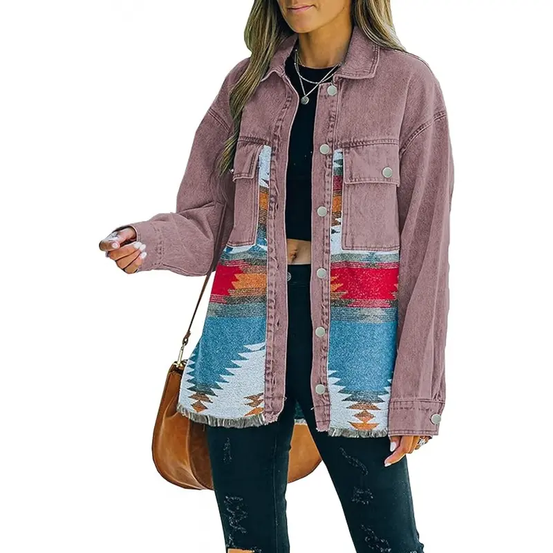 Women'S Vintage Western Jeans Jacket - Long Sleeve Button-front coat with, Non-Symmetric Patchwork design in Blue/Red/Beige/Black/White/Gray/, Mid-Length Transitional Jacket for Spring/Fall Casual Formal Outfits - Retro Western Style Outerwear, Denim Jack