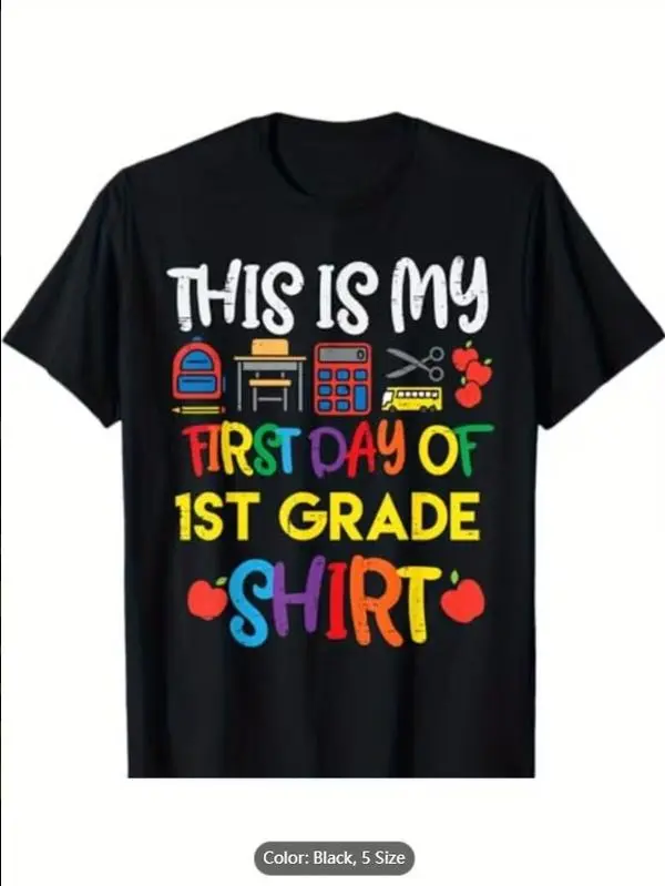 Boys & Girls First Day of School 1st Grade Graphic T-Shirt - Colorful School Supplies Design Crew Neck Short Sleeve Tee for Kids Students Back to School Gift