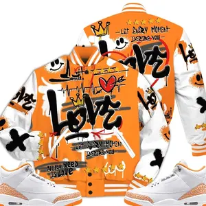 3 White Orange Peel Varsity Jacket, Orange Citrus 3s Outfit Happy Love Beats Graffiti Outfits Streetwear Sneaker Matching Shirts