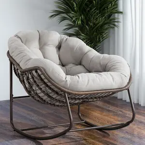 37” Papasan Rocking Chair with Cushion and Steel Frame, Oversized Outdoor Egg Rocking Chair, Rattan Circle Chairs for Grand Patio and Garden (Beige)