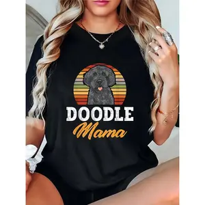 Women's Retro Doodle Mama T-Shirt, Cute Doodle Dog & Sunset Graphic, Casual Dog Mom Apparel for Daily/Weekend, Black 100% Cotton T-shirt