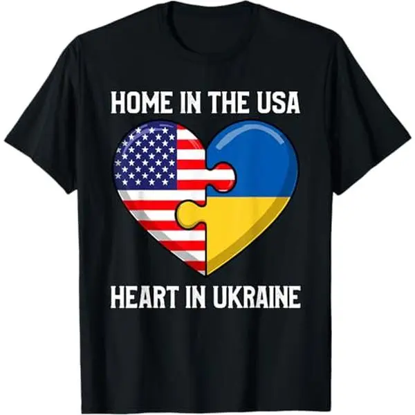 Unisex Classic Fit T-Shirt with USA-Ukraine Flag Heart Print - Shortsleeve Crew Neck in Soft 100% Cotton Fabric, Menswear, Patriotic Style, Tshirt, Heart Motif, Long-Lasting Ink, Short Sleeve, Tops, Clothes, Flag Print, Round Neck, Casual, Shortsleeve Tee
