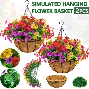 2pcs Artificial Hanging Flower Baskets with 24 Realistic Mixed Color Blooms Eucalyptus UV Resistant Outdoor Indoor Decor for Porch Patio Balcony Yard Includes Hanging Baskets Greenery