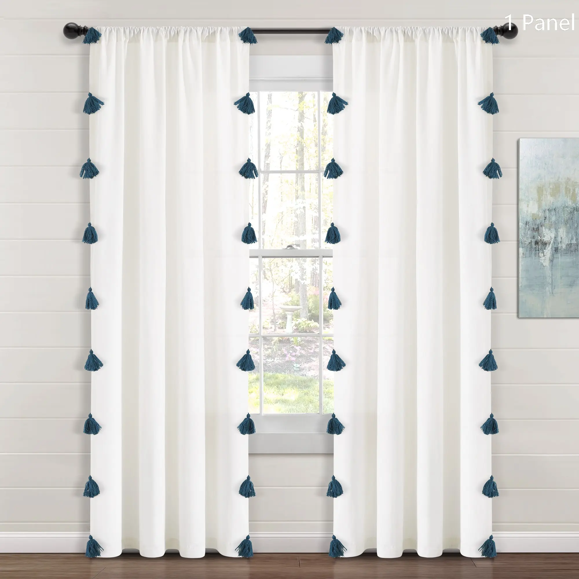 Lush Decor Boho Faux Linen Texture Tassel Window Curtain (Single Panel) - Sold Individually - 84x52 Inches Room Decor Blinds Shutter Blinds with 5 Tassel Colors