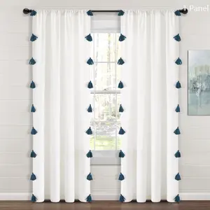 Lush Decor Boho Faux Linen Texture Tassel Single Window Curtain Panel - Sold Individually - 84x52 Inches Room Decor Blinds Shutter Blinds with 5 Tassel Colors