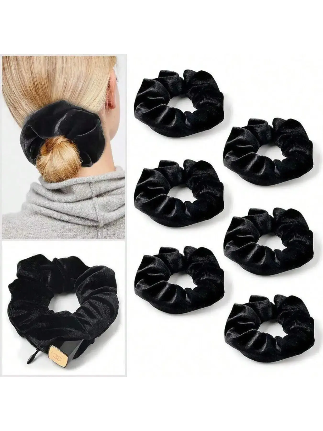Luxury Velvet Zipper Scrunchie Secret Pocket Hair Tie for Women Fashion Hair Accessories Hidden Storage Ponytail Holder for Lipstick Cash Keys Earphones Travel Makeup Organizer Cute Birthday Gift for Girlfriend Wife Mom Christmas Halloween Holiday Present