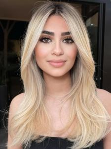 22 inch ombre blonde layered natural wave wig for women, gifts for her, pre cut lace, pre plucked hairline, wear and go gorgeous fluffy wig without bangs, glueless synthetic lace front wig for party, daily use