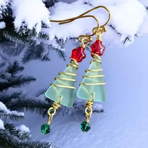 Christmas Tree Earrings, Sea Glass Tree Dangling Earrings, Holiday tree Earrings,