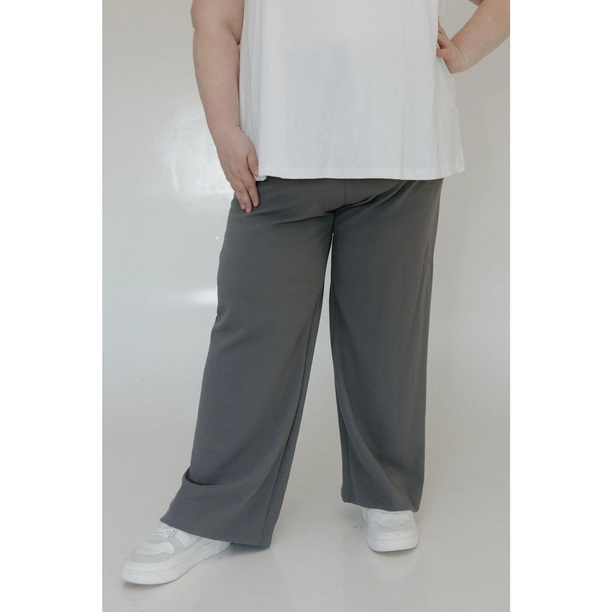Women's Petite Plus Size Straight Leg Pants - Casual Fitted Basic Everyday Pull-On Waist, Smoothing Fit, Lightweight Polyester-Elastane Blend Workwear, Charcoal Grey Solid, Effortless Look Year-Round Bottoms