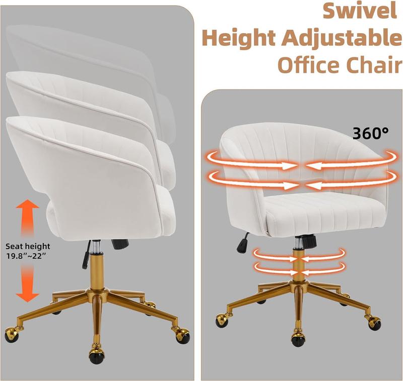 Home Office Desk Chairs, Modern Velvet Rolling Chair, Height Adjustable Swivel Vanity Chair with Golden Base, Ergonomic Chair for Vanity Study, Living Room Computer Room, Beige