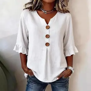 Women's Seven-Quarter Sleeve Top, Elegant Casual V-Neck Chiffon Blouse, Business Office Shirt