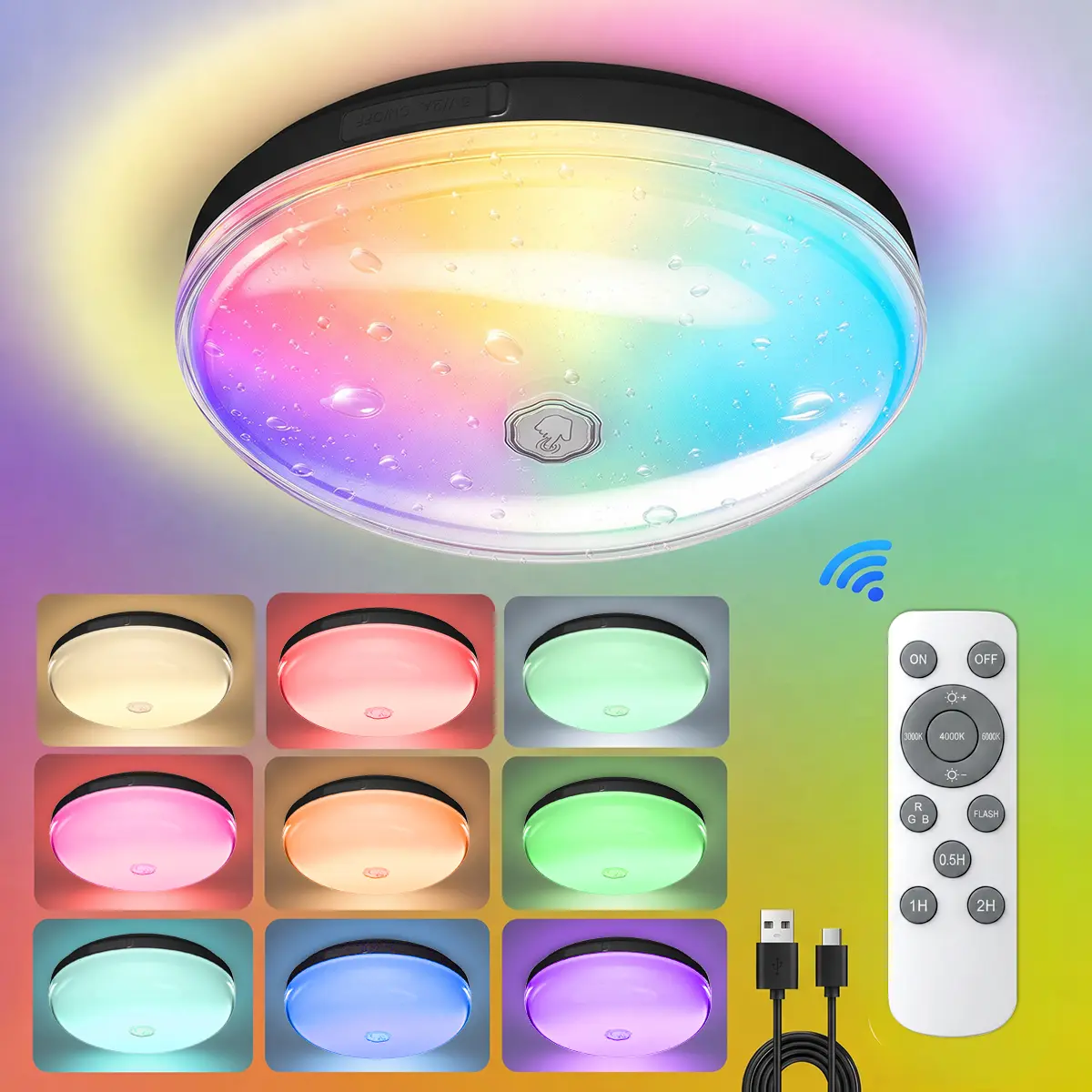 Shower Lights IP65 Waterproof, Motion Sensor Ceiling Light, Rechargeable Closet Light with 10000mAh Battery, LED Shower Lamp for Bathroom, Cordless Ceiling Lamp with RGB Colors, Remote Control,Christmas party, festive lighting