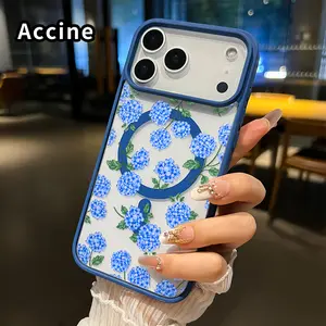 Magnetic Phone Case for iPhone 17 16  Pro Max Plus 15 14 13 12 11 Air E Blue Hydrangea Dream Pattern Non-Yellowing Shockproof Clear Slim Protective Softcase Transparent Acrylic Cover