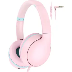 X-HPS02   Kids Headphones Wired with Microphone, Over Ear 85/94dB Volume Limited Headphones with Share Port, Stereo Sound Foldable Headset for Teens/Boys/Girls - Pink