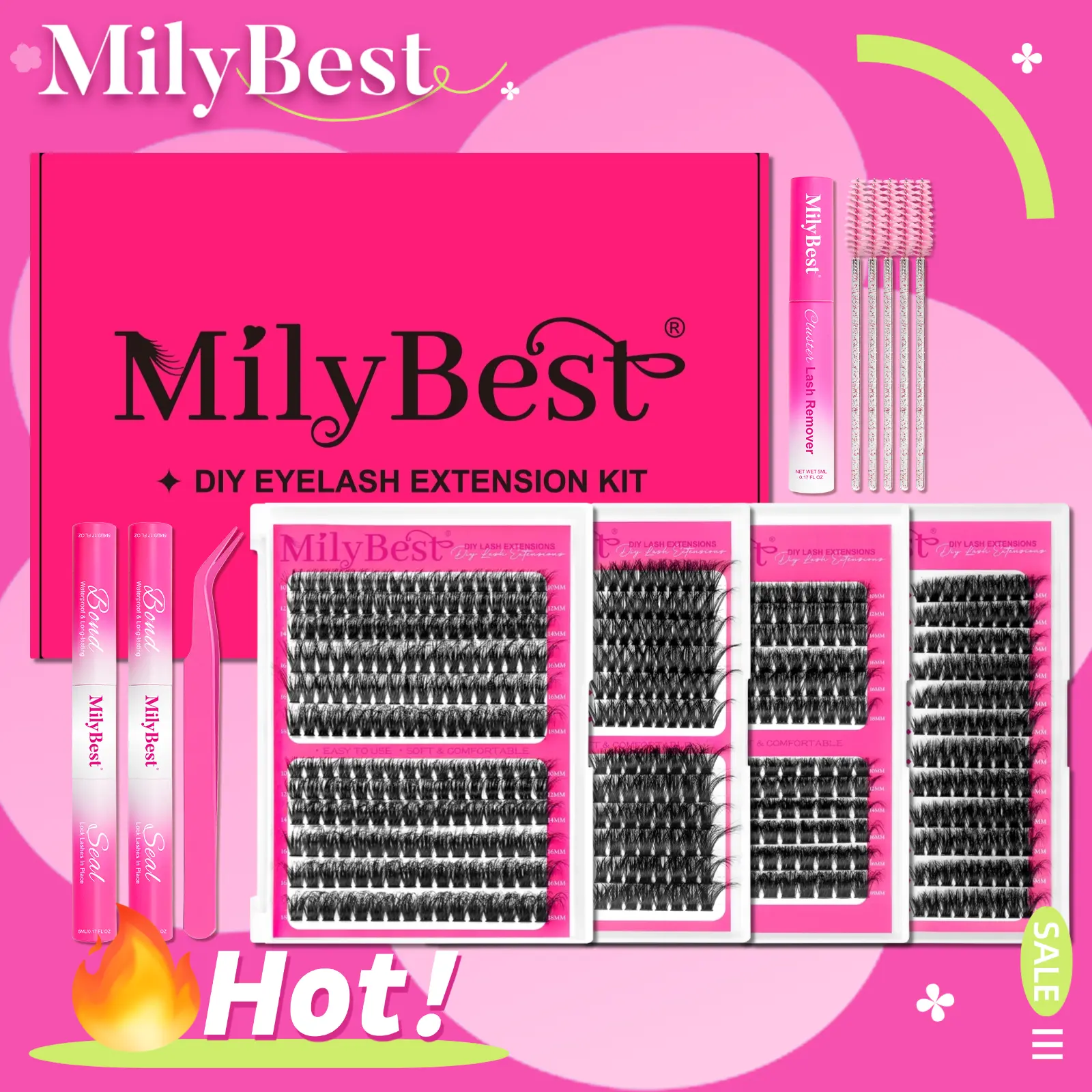 MilyBest 4 Styles Lash Clusters Kit,1 Set Mixed Length Individval Eyelash Extensions Kit,Self Grafting False Eyelashes with Tweezers&Glue&Remover,Prefessional Eye Makeup Accessories for Women