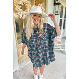 Madeline Oversized Short Sleeve Button Down Flannel Plaid Dress *FINAL SALE*