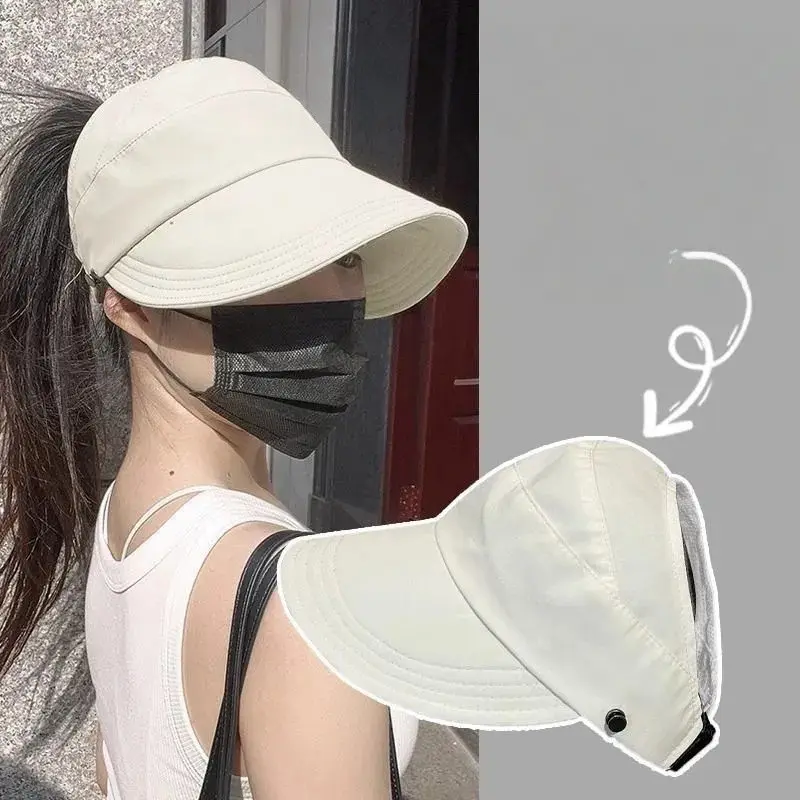 Summer Solid Color Thin Hat for Women, Adjustable High Ponytail Holder, Mask Strap, Sun Protection, Breathable, Outdoor Cap, Sunscreen Hat