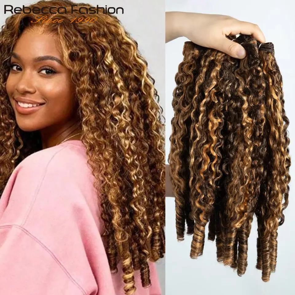 Burmese Curly Human Hair Bundles Highlight P4/27 Pixie Curls 4C Human Hair Blend Extensions Honey Blonde Human Hair Bundles