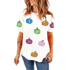 Women's White Sequin Pumpkin Patched Casual T-Shirt - Fall Graphic Tee