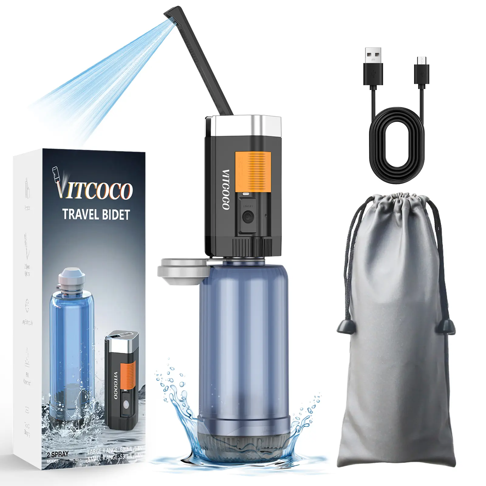 Portable Bidet for Travel, VITCOCO Rechargeable Bidet Sprayer with 400ml Bottle Capacity, Waterproof High Pressure Handheld Bidets for Women/Men, Postpartum Care, Hygiene Cleaning