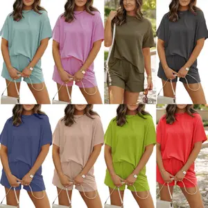 Two Piece Set Summer Lounge Tracksuit Outfits Shorts And Short Sleeve Tops Knitted Clothes
