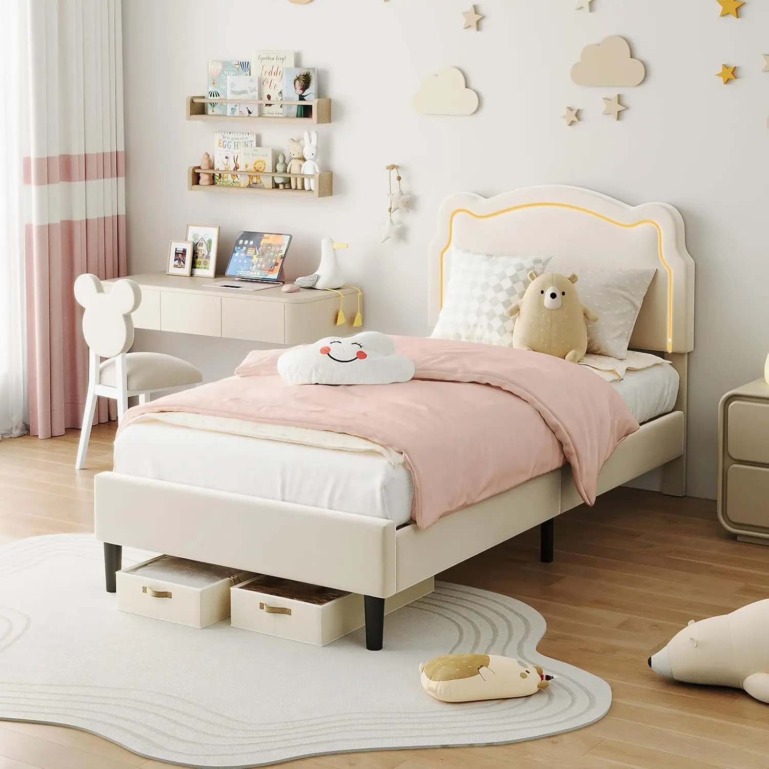 Twin Size Velvet Upholstered Smart LED Platform Bed Frame with Adjustable Beige Bear Multifunctional Headboard, Wooden Slats Support, No Box Spring Needed, Easy Assembly for Kids