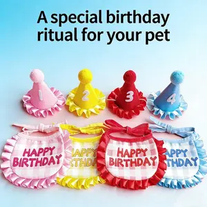 Cat Birthday Hat & Bib Set, Cute Pink Crown Outfit for Kittens, Pet Birthday Party Photo Props