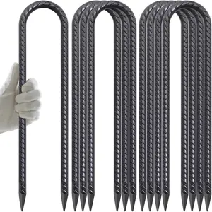 Trampoline Stakes 16 Inch 8 Pack, 3/8 Inch Trampoline Tie Down Anchor Kit High Wind Heavy Duty, Black Coated Trampolines Accessories U Shaped Ground Rebar Stakes for Soccer Goal, Swing Set
