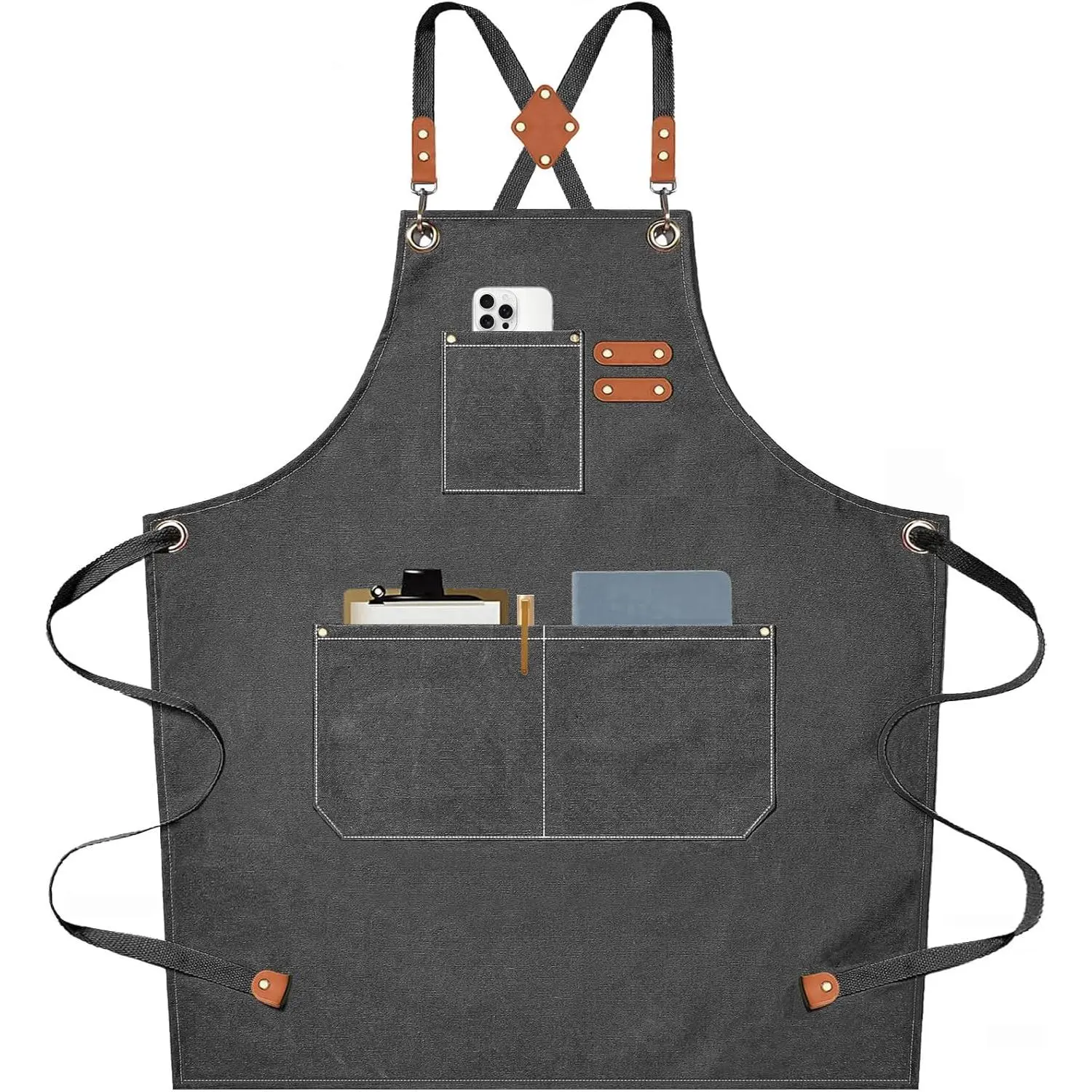 Chef Aprons for Men Women with Large Pockets, Cotton Canvas Cross Back Heavy Duty Adjustable Work Apron, Size M to XXL(Grey)