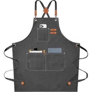 Chef Aprons for Men Women with Large Pockets, Cotton Canvas Cross Back Heavy Duty Adjustable Work Apron, Size M to XXL(Grey)