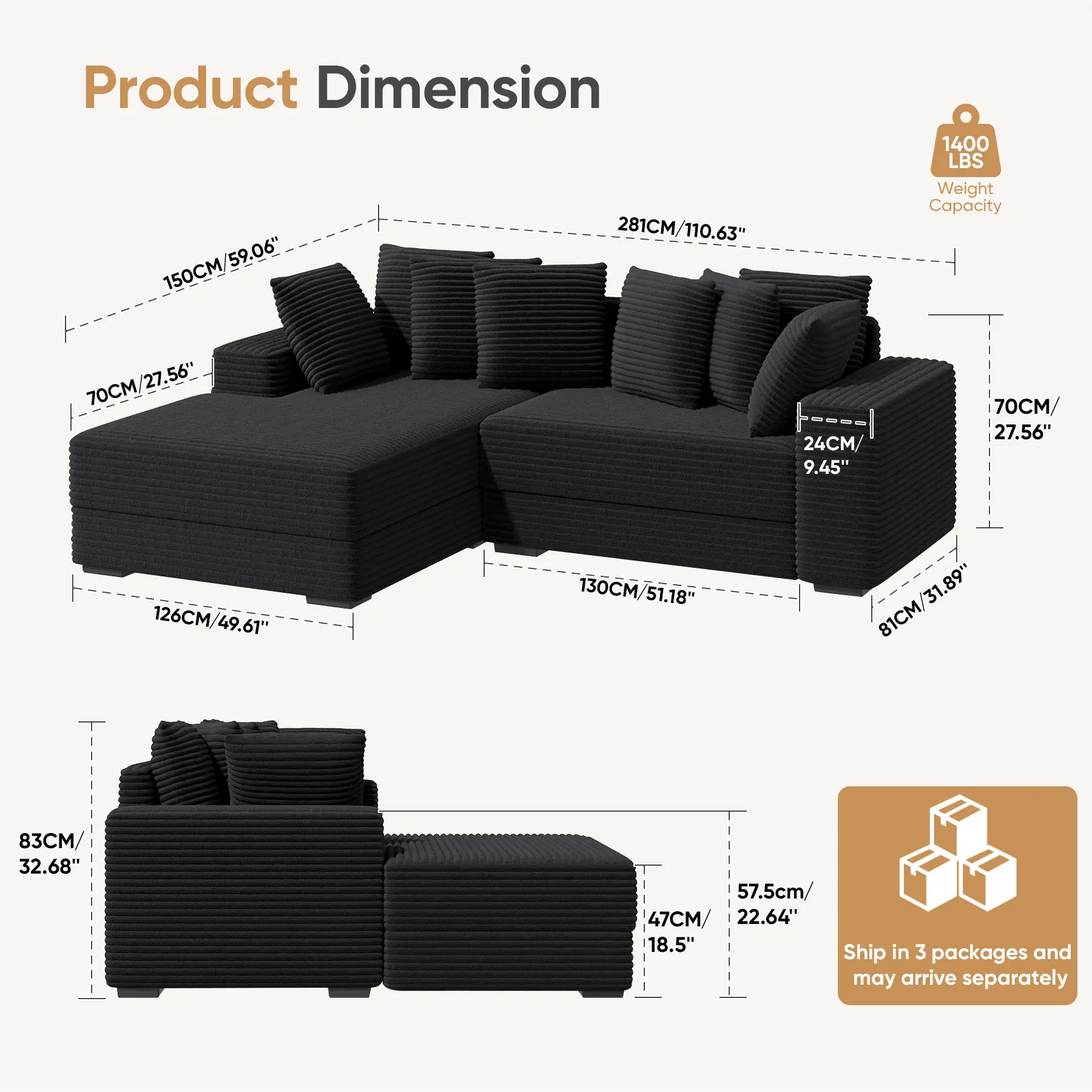 Black-L Shape-Left Chaise