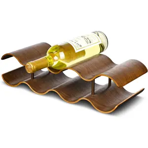 Countertop Wine Rack 7 Bottle Freestanding Wine Bottle Holder Stand 2 Tier Wooden Wine Storage Rack Walnut Wavy Wine Organizer for Cabinet Pantry Home Kitchen Bar