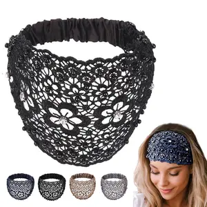 Floral Beaded Headbands 4-Pack - Wide Lace Hair Bands with Pearl Accents, Adjustable Comfort Fit for Women, Elegant Hair Accessories (One Size) Blue Wedding