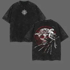 Men's Oversized Washed Heavyweight Cotton Short-Sleeve Round Neck Casual Streetwear T-Shirt - 1 Piece Zoro Asura Double-Printed Retro Unisex Manga Merch Gift for Anime Fans, Menswear Top, Casual Streetwear Style