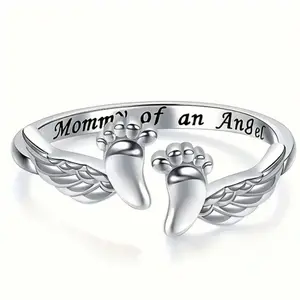 Shiny silver alloy baby footprint ring, durable, hypoallergenic adjustable jewelry engraved with "Mother of an Angel", a gift for mom/dad