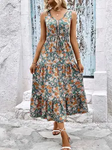 Women's Floral Print Fake Buttons Ruffle Hem Fitted Tank Dress, Summer Clothes, Casual Boho Tie Front Sleeveless V Neck Long Dress for Beach Holiday Vacation, Ladies Summer Clothes
