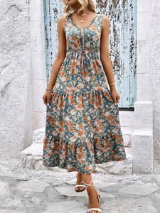women's floral print fake buttons ruffle hem vintage tank dress, summer clothes, lady casual boho tie front sleeveless v neck long dress for beach holiday casual wear, ladies summer clothes, womenswear, bohemian classy dresses