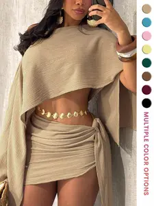 Women's Summer Holiday Off-Shoulder Knit Top and Stylish Ruched Fitted Bodycon Skirt Set, Breathable Beachwear for Casual Vacations