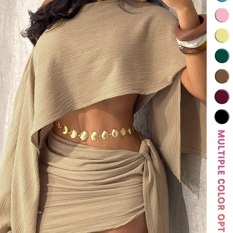 Women's Off-Shoulder Two-Piece Knit Set, Outfit, Asymmetrical Sleeve Short Top + Side Tie Pleated Skirt, Casual Spring & Fall Fashion