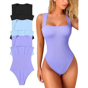 Women's 3 Piece Bodysuits Sexy Ribbed Strappy Square Neck Sleeveless Tummy Control Tank Tops Bodysuits for Casual & Party Wear