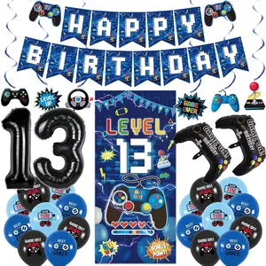 Blue 13th Birthday Decorations for Boys, Video  Level 13 Banner Backdrop  Swirls for 13th Birthday Party, Gamer 13  Party Supplies