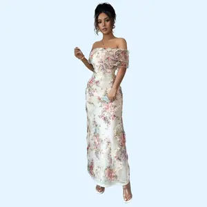 2026 Latest Stylish Lady's Off-Shoulder Formal Dress, Ruffled Floral Sheer Fabric, Waist-Highlighting Design, Elegant Formal Wear with Style-Focused Accessories