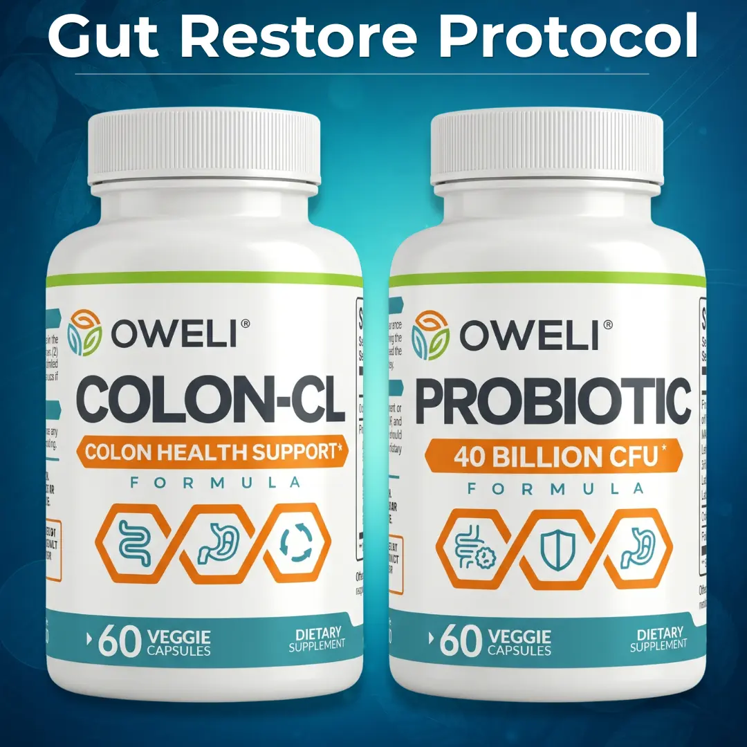 Oweli Gut Restore Protocol - Colon Support + 40 Billion CFU Probiotic with Psyllium & Cascara Sagrada for Gut Health & Colon Wellness (30-Day System)