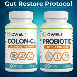 Oweli Gut Restore Protocol - Colon Support + 40 Billion CFU Probiotic with Psyllium & Cascara Sagrada for Gut Health & Colon Wellness (30-Day System)
