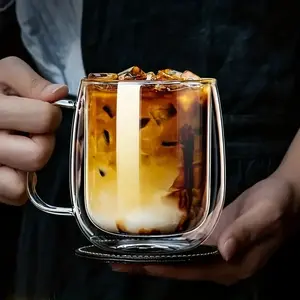 High Borosilicate Dual-Layer Thick Transparent Glass Cup with Handle, Insulated Anti-Scald Large Capacity Home Office Coffee Milk Mug, Double Wall Glass Drinkware, Thickened Glass Cup, Glass Drinking Cup