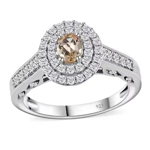 Imperial Topaz & Moissanite Double Halo Ring in Rhodium over Sterling Silver 1.00ctw
