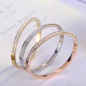 Double Stone Bangle - Elegant Gold-Tone Bracelet with Dual Stone Design for Women